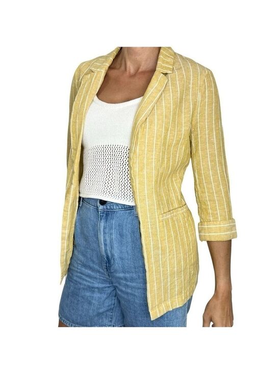 Only Jackets & Blazers - ONLY linen blend yellow white pin stripe open front jacket blazer EU 34